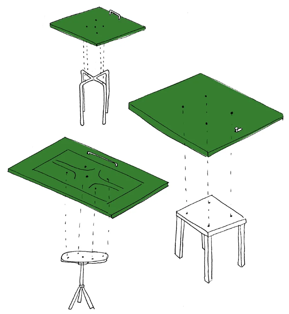 A drawing of a table and a stool