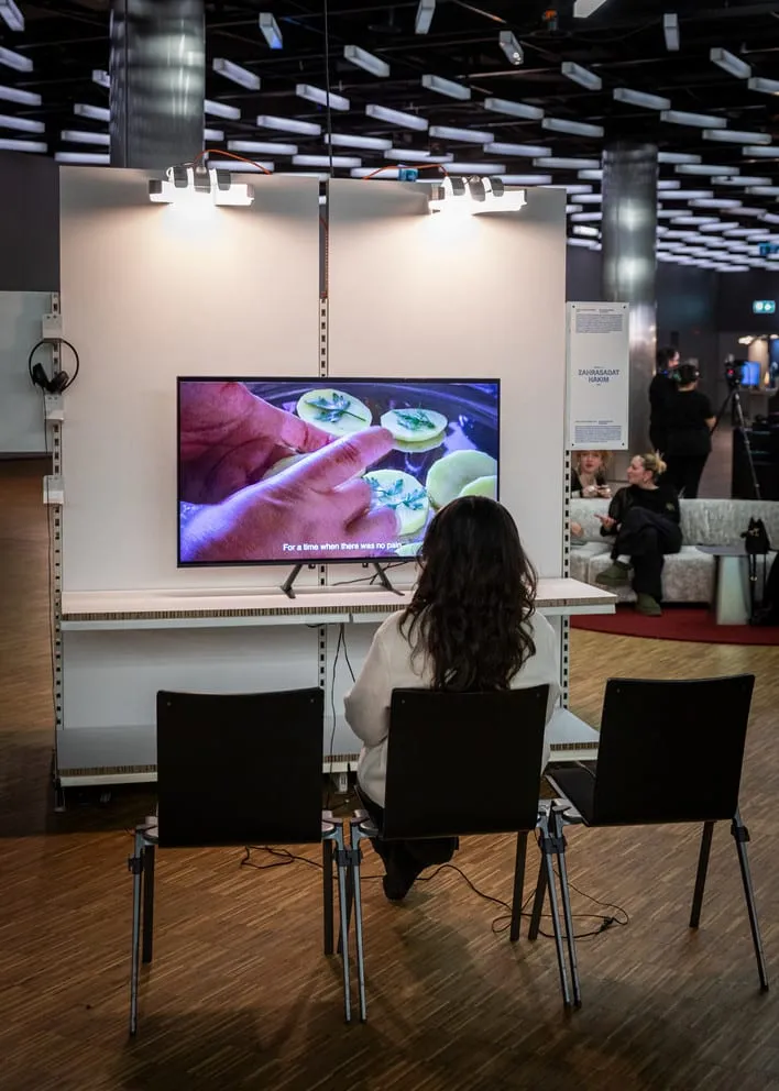 A module with a video screen, a visitor seated in front of it.
