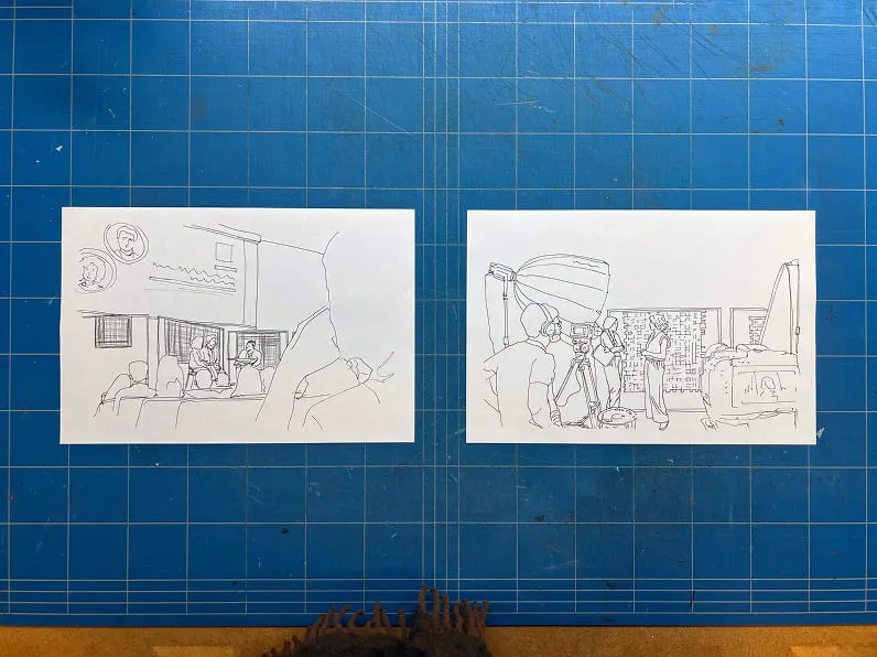 Two drawings of people standing in a room