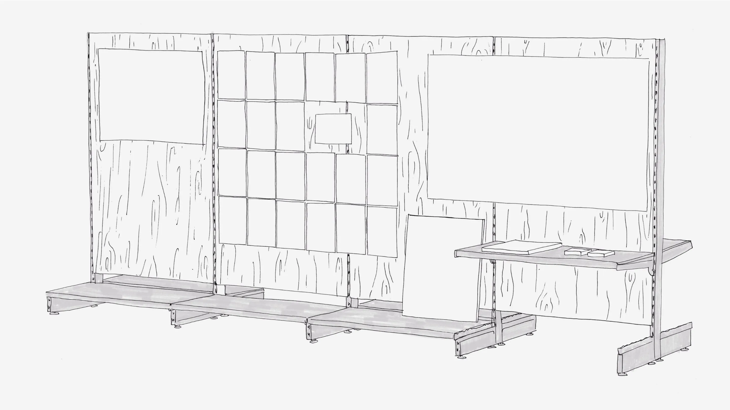 drawing of a shelf with paper