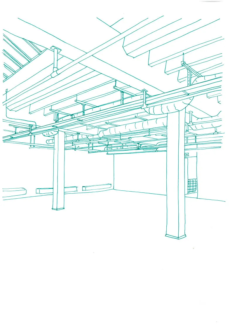 A line drawing of a building with columns