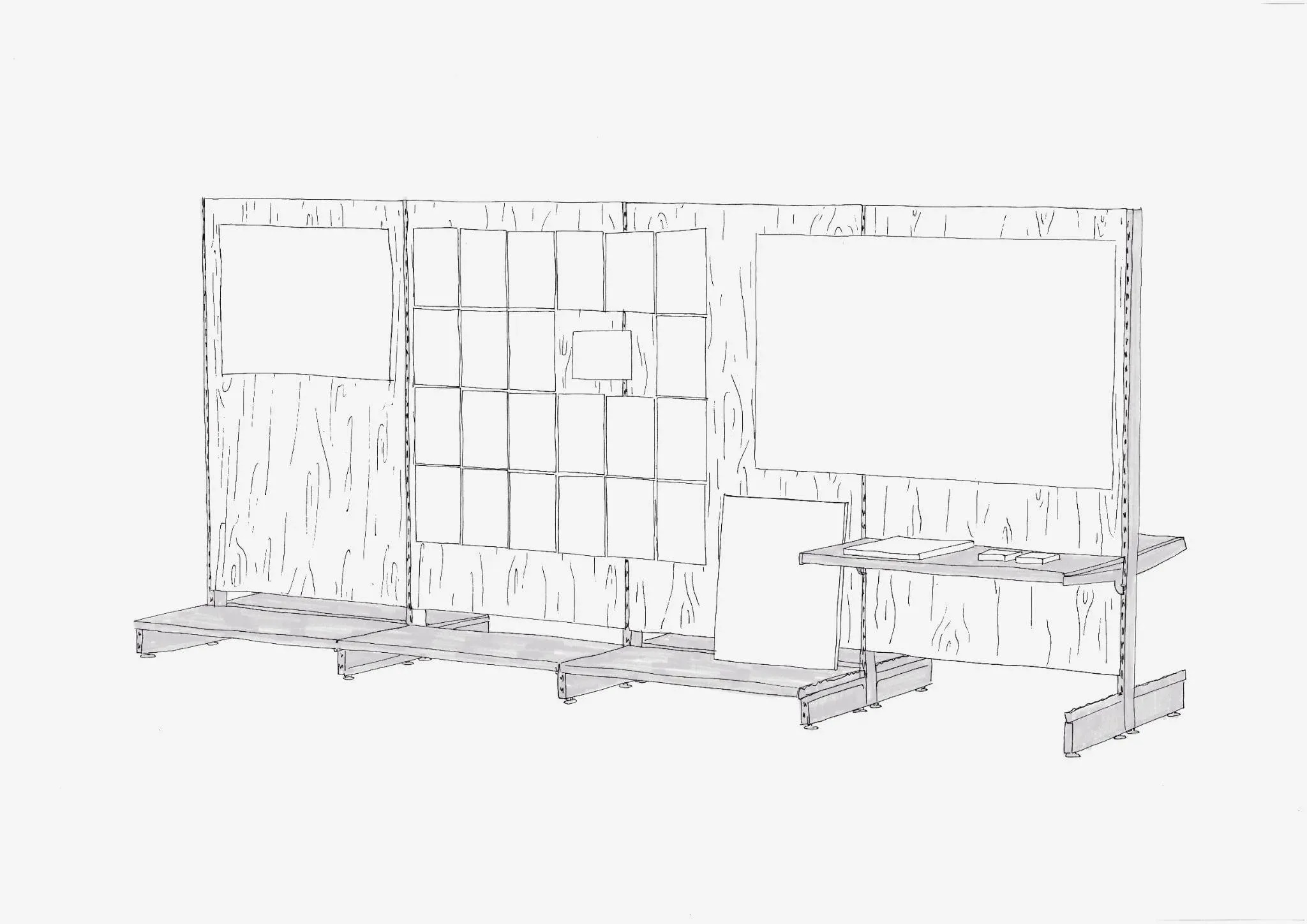 A drawing of a wall with a shelf next to it