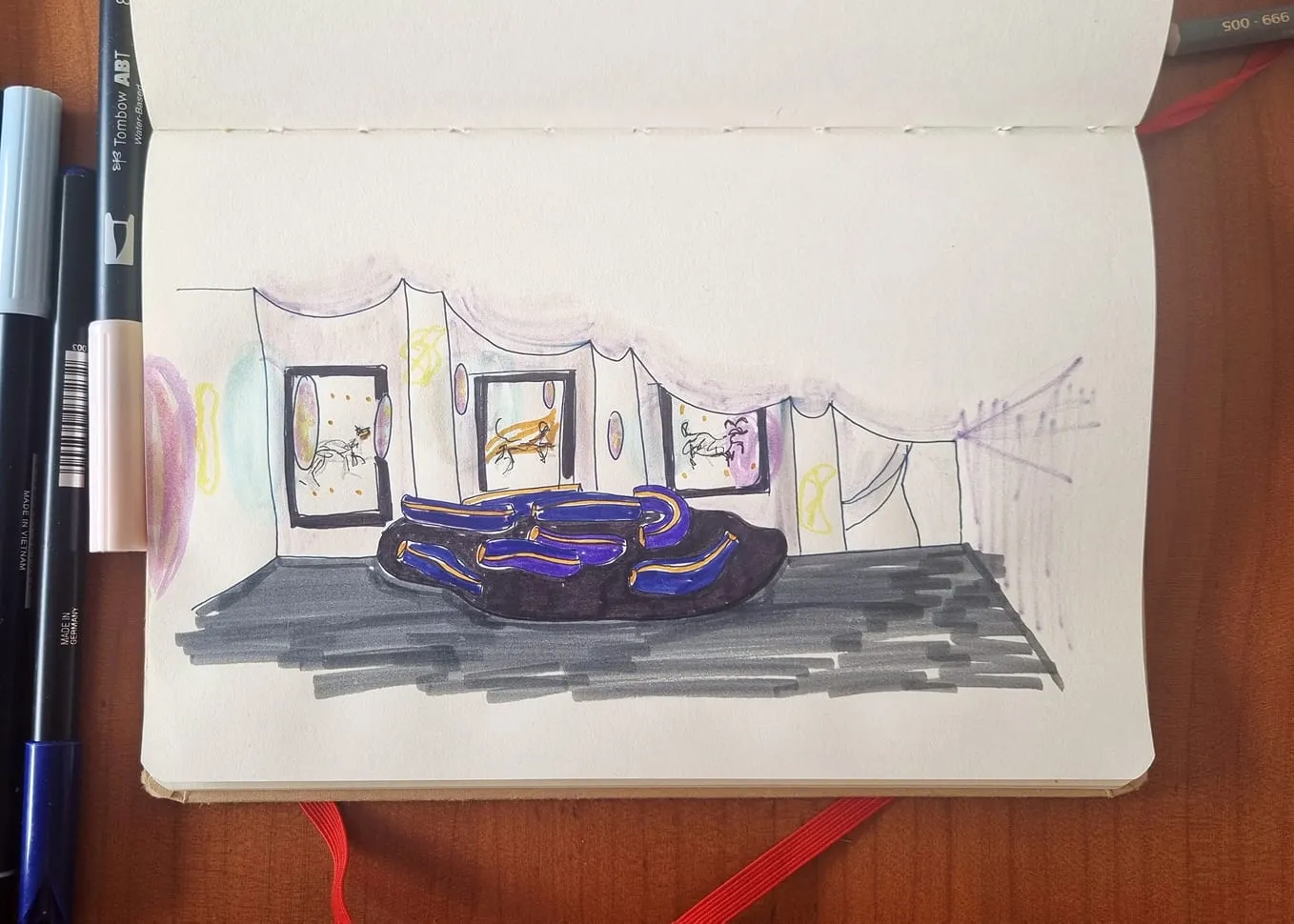 Un dessin d'un salon avec un canapé